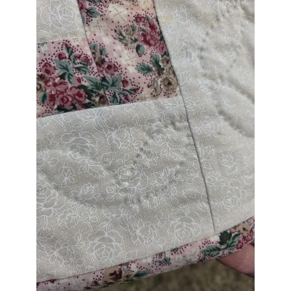 Handmade Floral Print Cotton Hand Quilted Lap Throw Coverlet Baby Quilt Rosettes